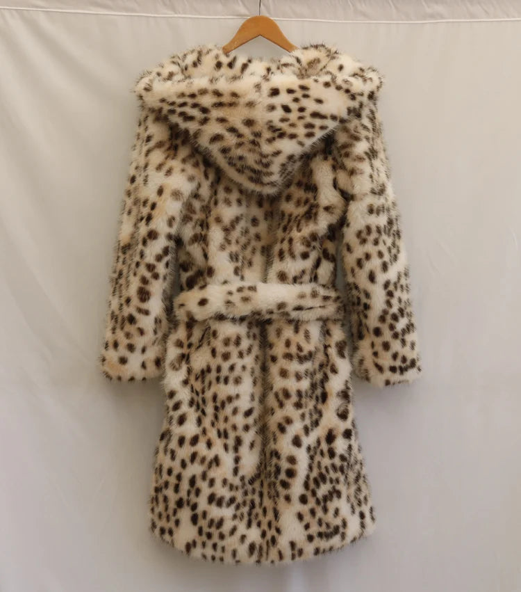 Women's leopard print faux fur coat fox fur long coat Wool hooded warm winter mink trench coat