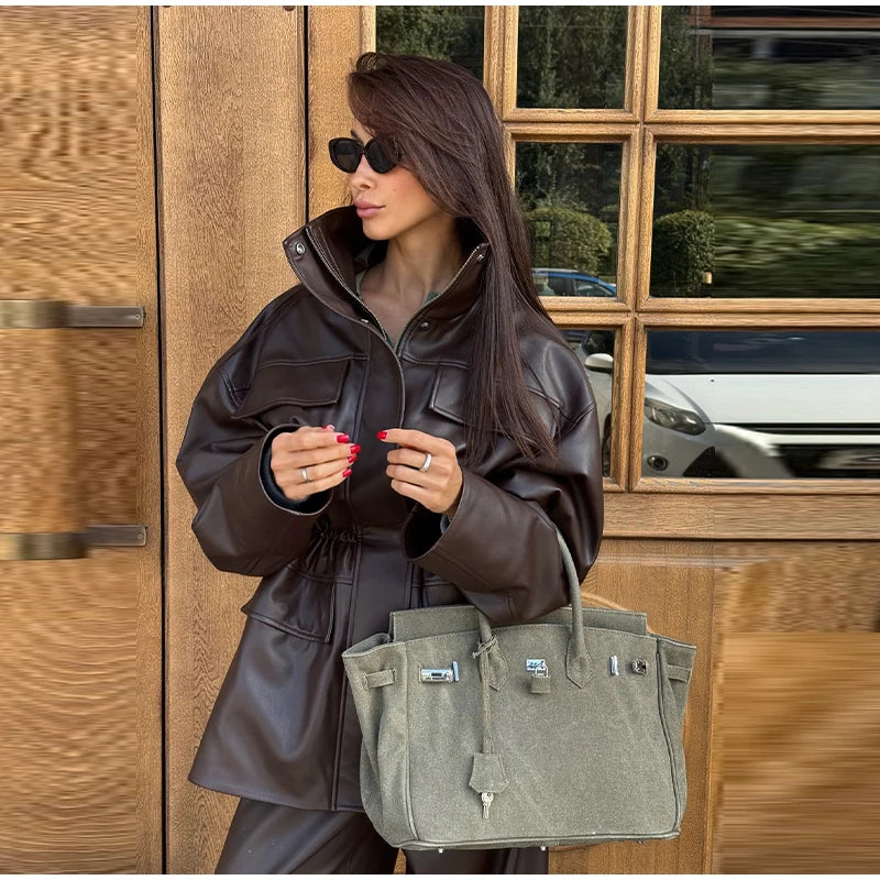 Fashion Brown Slim Waist Leather Jacket Women Loose Lapel Long Sleeve One Button Zipper Jackets 2026 Spring Street Lady Outwear