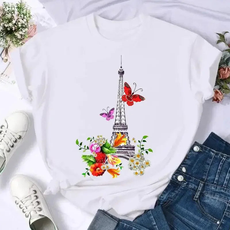 Women's Moon Print Short Sleeve T-Shirt Casual Cartoon Print Retro T-Shirt Graphic T Shirts Women Clothing Summer Streetwear Y2K