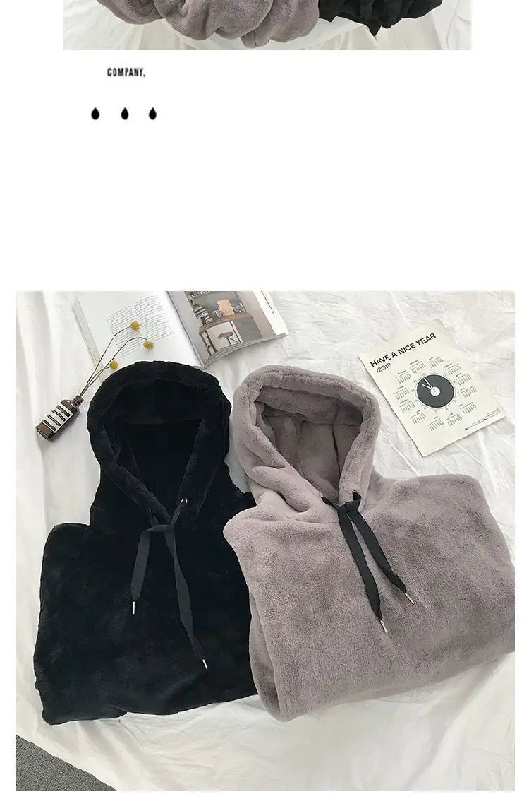 Plus Velvet Hoodies Women Hooded Thicker Furry Cozy Korean Fashion Couples Simple Winter Warm Coats Loose Outwear Slouchy Ins