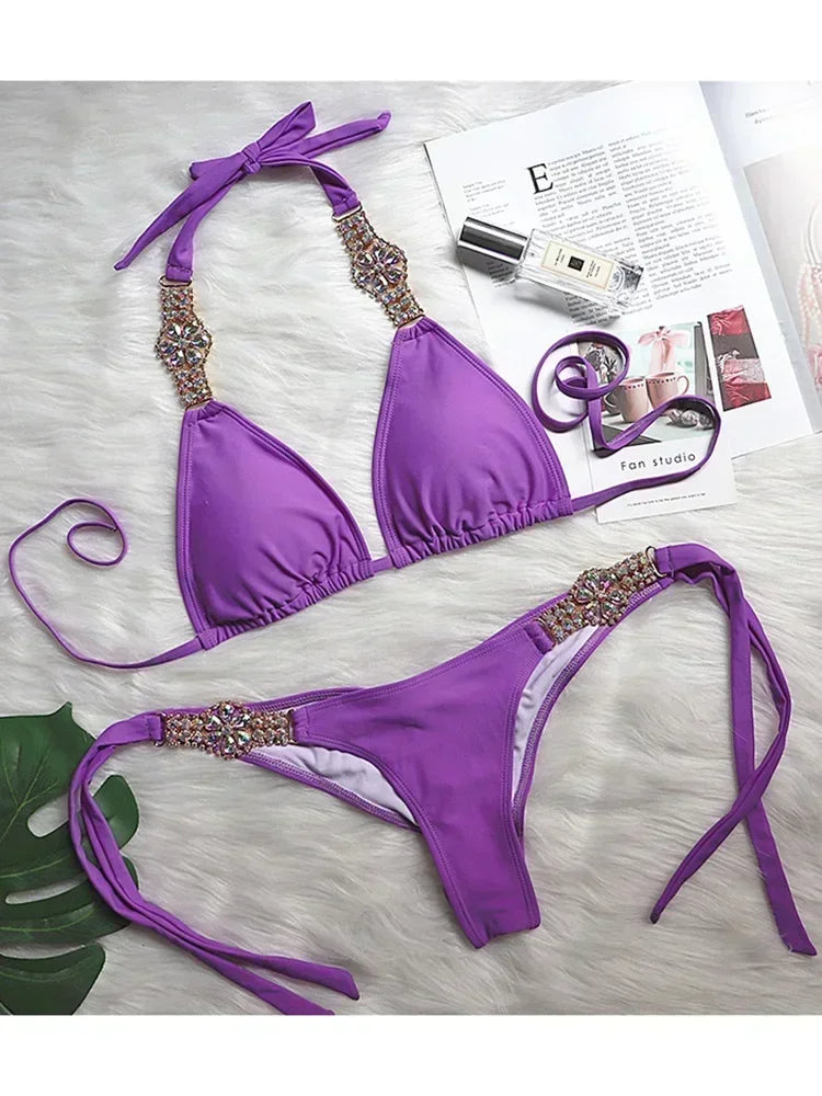 2025 Rhinestone Swimsuit Women Bikinis Crystal Diamond Bikini Set Metal Chain Swimwear female Luxury Aristocratic Swimming Suit