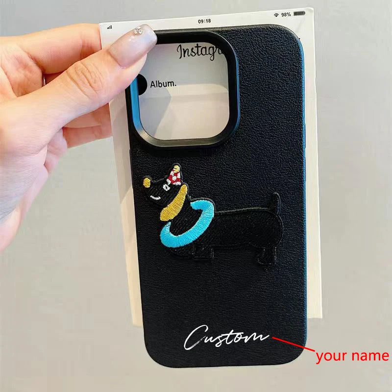 3D Cartoon Embroidery Dog Personalized Custom Name Phone Case For iPhone 16 15 14 13 11 12 Pro Max Plus X XS XR Candy DIY Cover