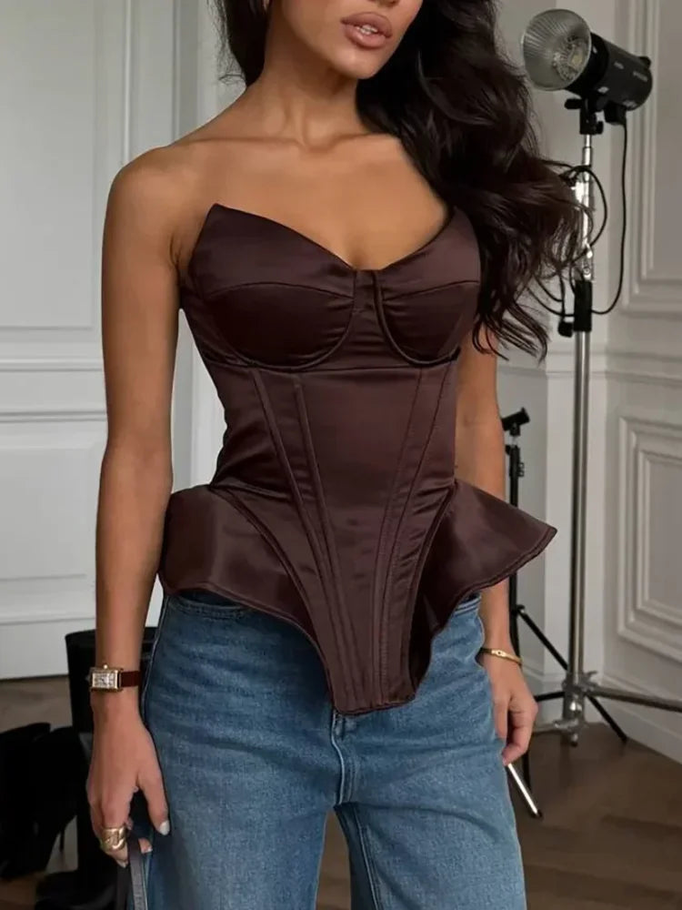Sexy Fishbone Strapless Short Top Women Chic Sleeveless Off-shoulder Backless Waist Cinching Tops 2026 Lady Evening Party Blouse