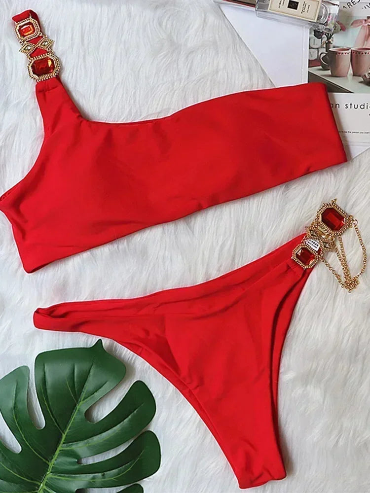 2025 Rhinestone Swimsuit Women Bikinis Crystal Diamond Bikini Set Metal Chain Swimwear female Luxury Aristocratic Swimming Suit