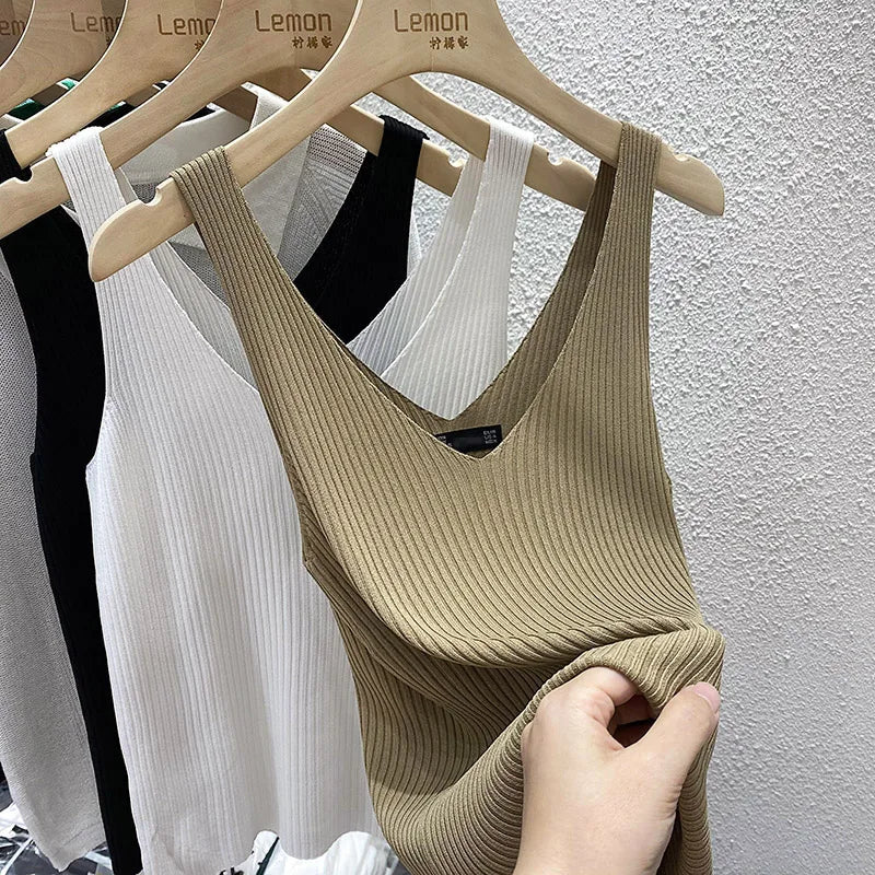 Zjaiss 2026 Summer Fashion Women Camisole Ice Silk Knit Tank Top Slim Fit Sleeveless Base Top Solid Color V-Neck Crop Top