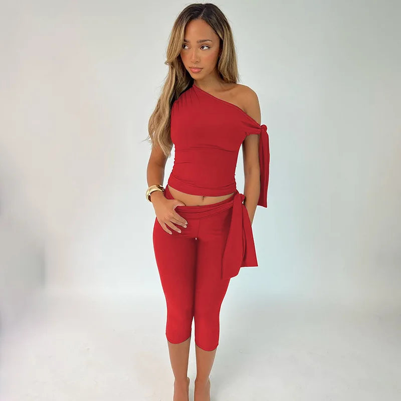 Hugcitar Fashion 2 Pcs Sets Solid One Shoulder Sleeveless Draped Sexy Top Knee Length Pants Women Y2K Outfits Festival Party