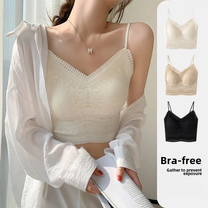 The New Women's Lace Vest with Seamless Small Halter Wrap Chest Seamless Underwear One Cup Anti-slip Bra Y2k Top Tank Top Halter