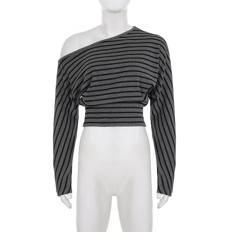 Korean Tees Striped Women Tshirts Long Sleeve Loose Camisetas 2025 Ropa Mujer Sexy Y2k Tops Off Shoulder Fashion Summer T-shirt