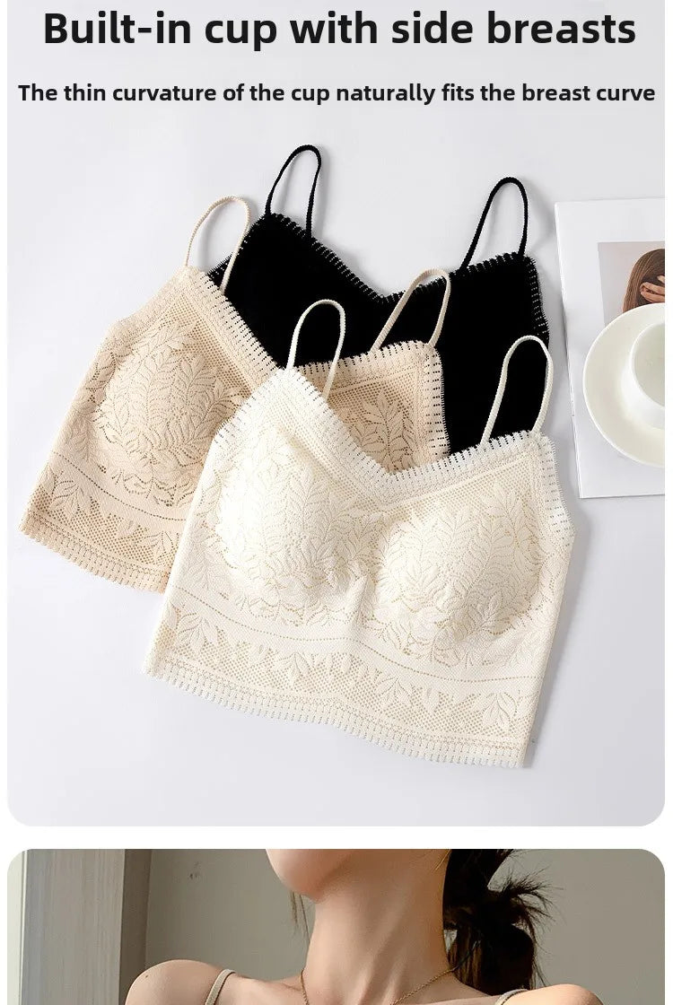 The New Women's Lace Vest with Seamless Small Halter Wrap Chest Seamless Underwear One Cup Anti-slip Bra Y2k Top Tank Top Halter