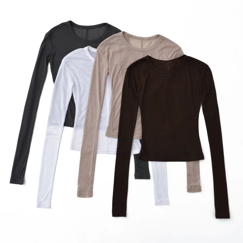 Autumn basic casual round neck long sleeved T-shirt top, high elasticity semi transparent slim knit fabric top