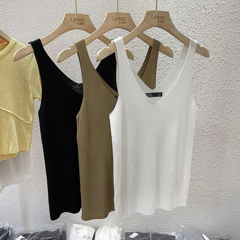 Zjaiss 2026 Summer Fashion Women Camisole Ice Silk Knit Tank Top Slim Fit Sleeveless Base Top Solid Color V-Neck Crop Top
