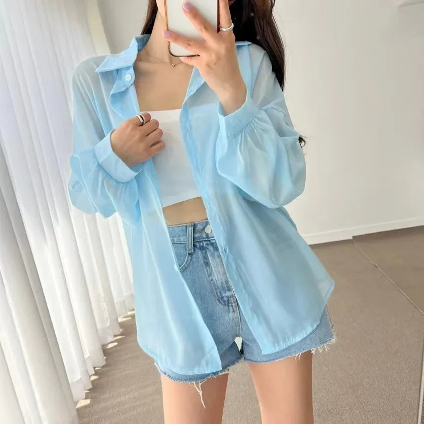2025 Colors Shirts Women Sheer Thin Chic Summer Simple Solid Sun-proof Temper Fashion Baggy All-match Basic Korean Style Clothes