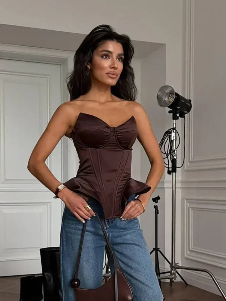 Sexy Fishbone Strapless Short Top Women Chic Sleeveless Off-shoulder Backless Waist Cinching Tops 2026 Lady Evening Party Blouse