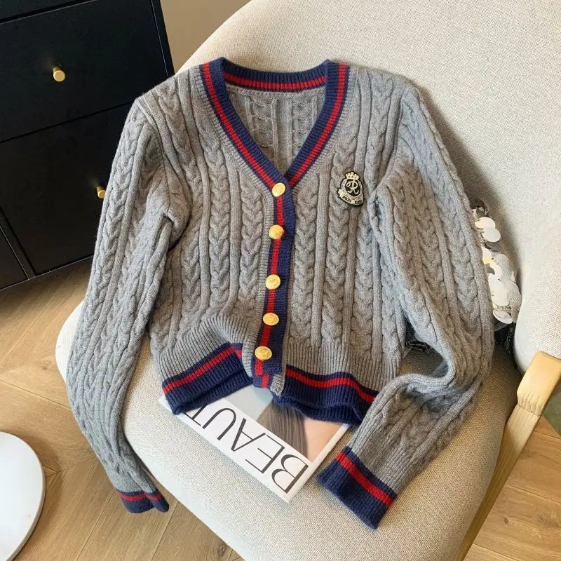 2025 Autumn Winter Preppy Style V-Neck Knitting Long Sleeve Cardigan Women Casual Appliques Single Breasted Female Loose Sweater