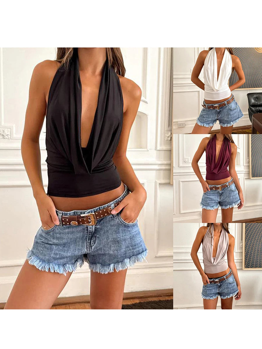 Women Halter Neck Tank Tops Sleeveless Open Back Solid Color Slim Fit Tops Ruched camisole Tops