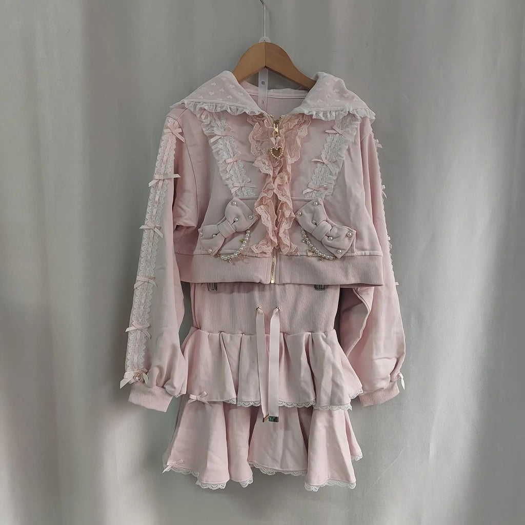 Lovely Pearl Lace Flower Hoody Short Set Coat High Waist Cake Short Mujer Faldas Japan Sweet Heavy Preppy Style Suits New Faldas