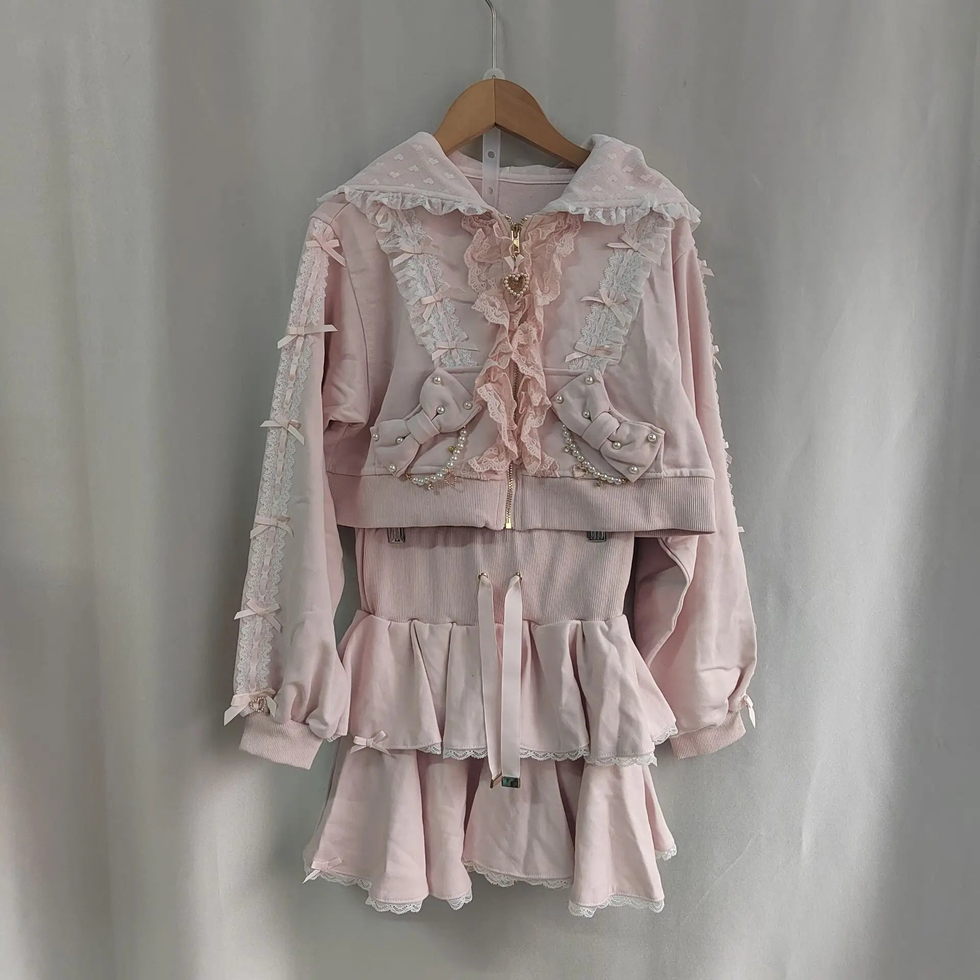 Lovely Pearl Lace Flower Hoody Short Set Coat High Waist Cake Short Mujer Faldas Japan Sweet Heavy Preppy Style Suits New Faldas