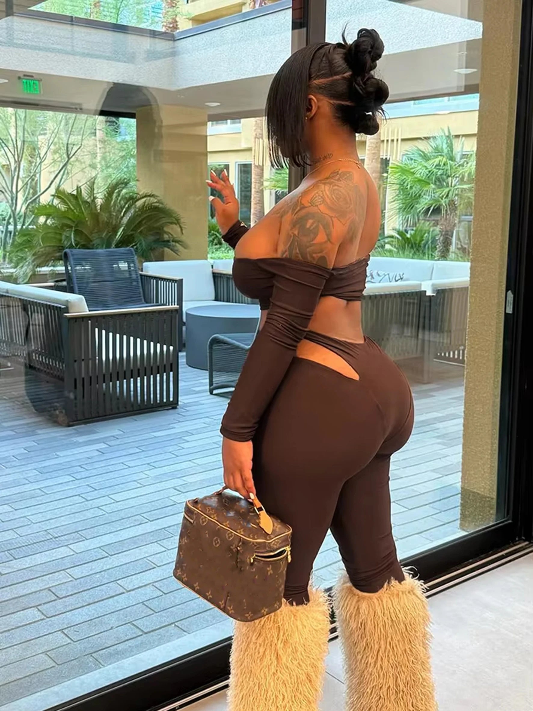 Cutenew Tight Slash Neck 2 Piece Set Women Crop Tops+High-Waist Hollow Leggings Matching Streetwear Casual Sporty Outfits