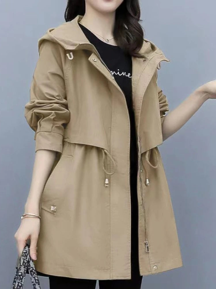 Spring and Autumn 2023 Women's Mid-length Trench Coat Hooded Zipper Tie-in Jackets British Style Loose Coats Women's Clothing