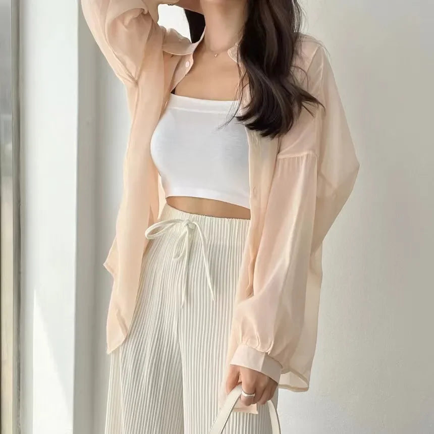 2025 Colors Shirts Women Sheer Thin Chic Summer Simple Solid Sun-proof Temper Fashion Baggy All-match Basic Korean Style Clothes