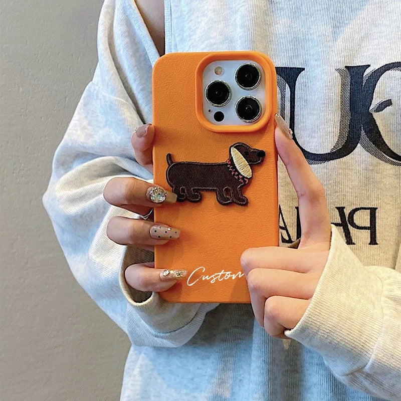 3D Cartoon Embroidery Dog Personalized Custom Name Phone Case For iPhone 16 15 14 13 11 12 Pro Max Plus X XS XR Candy DIY Cover