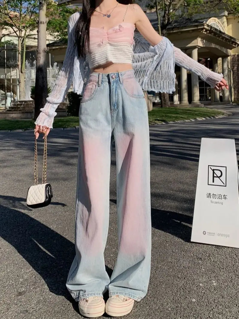 Powder Blusher Gradual Wash Wide Leg Soft Jeans Women's Thin High Waist Loose Slim Large Straight Floor Pants