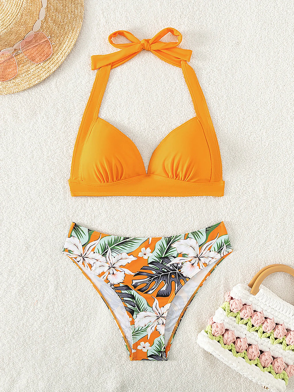 Women's Print High Waist Swimsuit, Cross Halter Bikini, V Neck Bathing Suit, Backless Beachwear, Swimwear, 2023