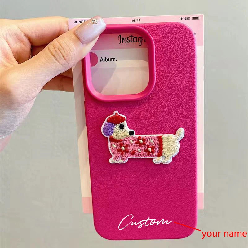 3D Cartoon Embroidery Dog Personalized Custom Name Phone Case For iPhone 16 15 14 13 11 12 Pro Max Plus X XS XR Candy DIY Cover