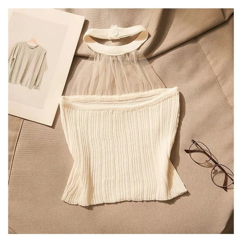 Women Tank Top Mesh Halter Neck Knitted Short Vest Korean Fashion Style Pure Hot Gilr Sexy Knit Girl Pullover Clothing