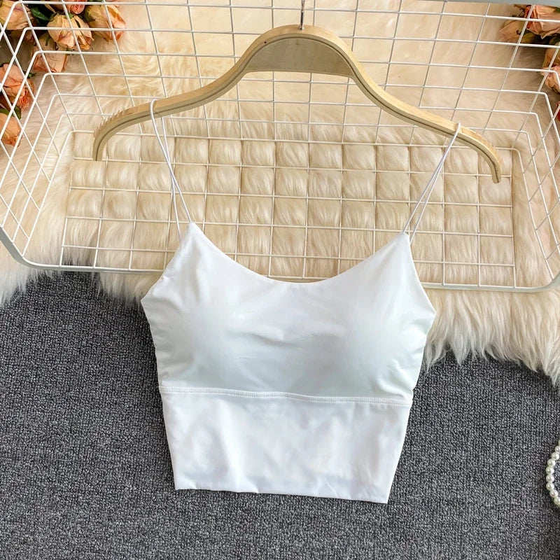 Sexy solid color crop tops sports spaghetti strap tanke top women built in bra off shoulder sleeveless omighty camisole hot