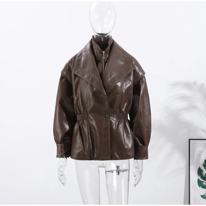Fashion Brown Slim Waist Leather Jacket Women Loose Lapel Long Sleeve One Button Zipper Jackets 2026 Spring Street Lady Outwear