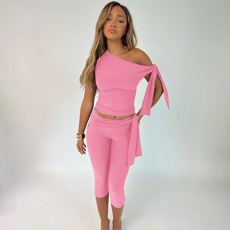Hugcitar Fashion 2 Pcs Sets Solid One Shoulder Sleeveless Draped Sexy Top Knee Length Pants Women Y2K Outfits Festival Party