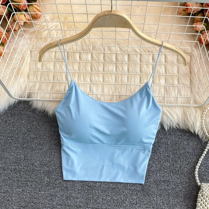 Sexy solid color crop tops sports spaghetti strap tanke top women built in bra off shoulder sleeveless omighty camisole hot