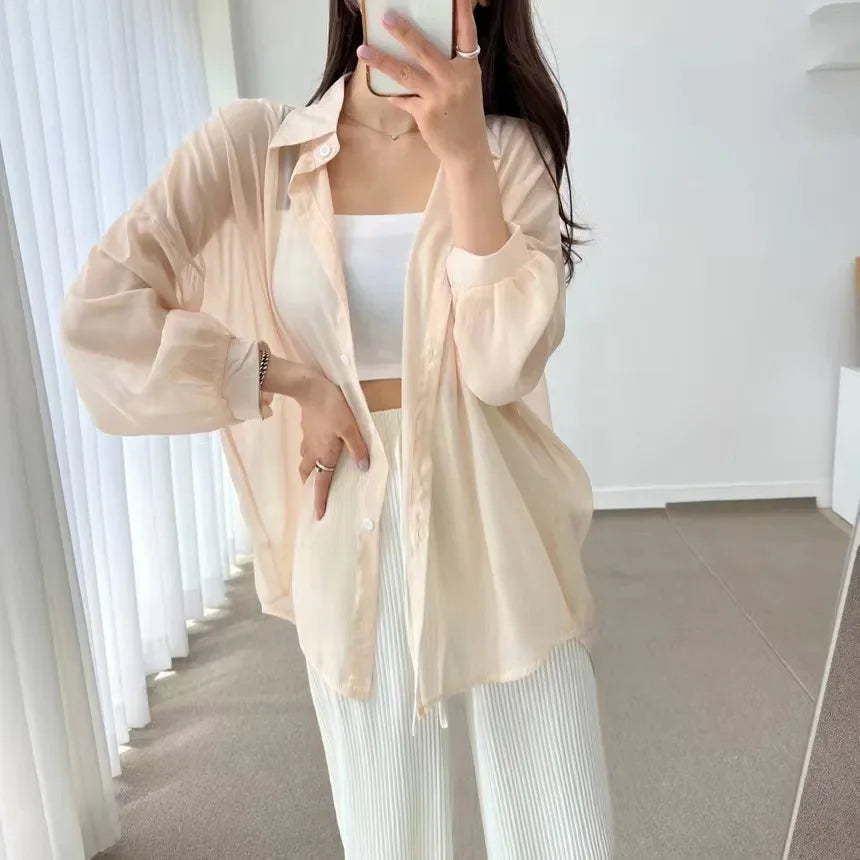2025 Colors Shirts Women Sheer Thin Chic Summer Simple Solid Sun-proof Temper Fashion Baggy All-match Basic Korean Style Clothes