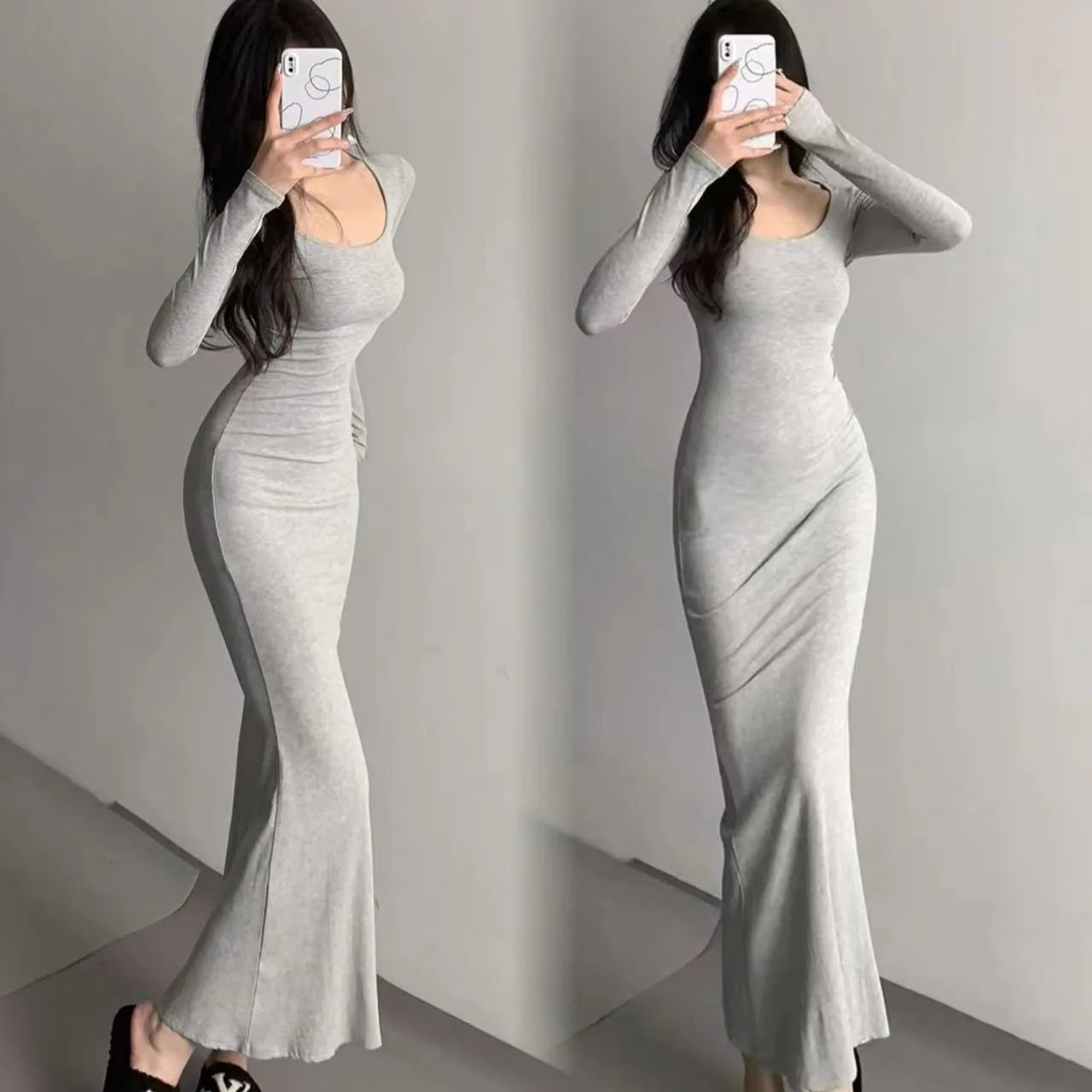 Slimming Square Neck Long Sleeve Fish Tail Gown Women's Early Spring New Style Elegance Knee-Length Bodycon Dress
