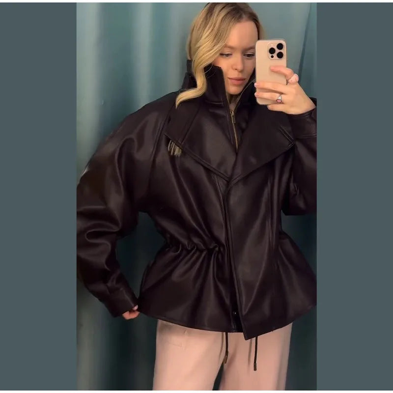 Fashion Brown Slim Waist Leather Jacket Women Loose Lapel Long Sleeve One Button Zipper Jackets 2026 Spring Street Lady Outwear