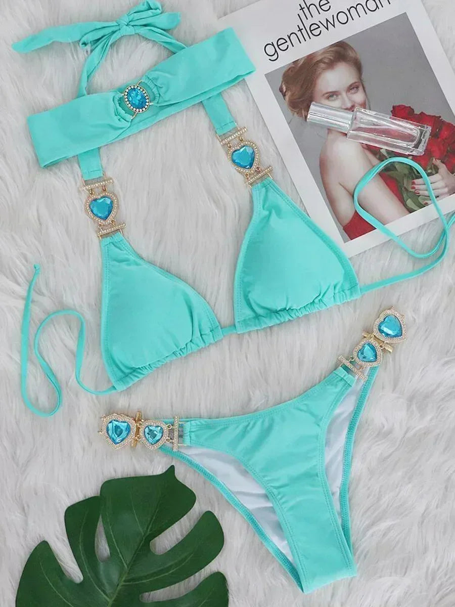 2025 Rhinestone Swimsuit Women Bikinis Crystal Diamond Bikini Set Metal Chain Swimwear female Luxury Aristocratic Swimming Suit