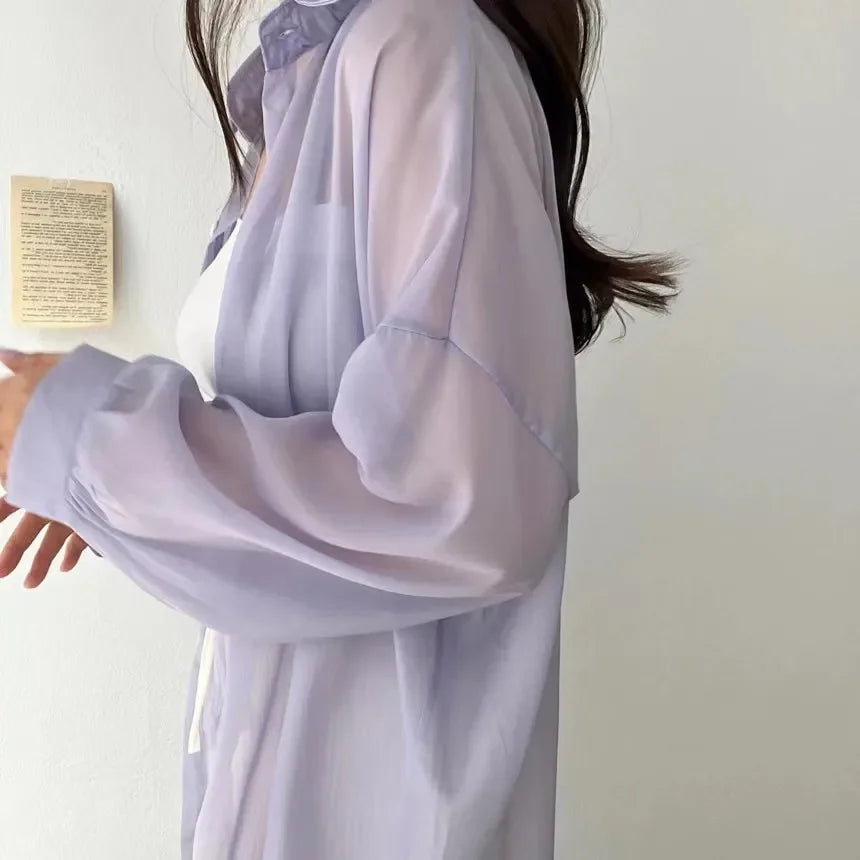 2025 Colors Shirts Women Sheer Thin Chic Summer Simple Solid Sun-proof Temper Fashion Baggy All-match Basic Korean Style Clothes