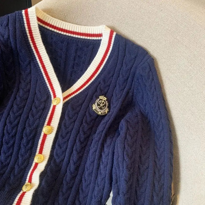 2025 Autumn Winter Preppy Style V-Neck Knitting Long Sleeve Cardigan Women Casual Appliques Single Breasted Female Loose Sweater