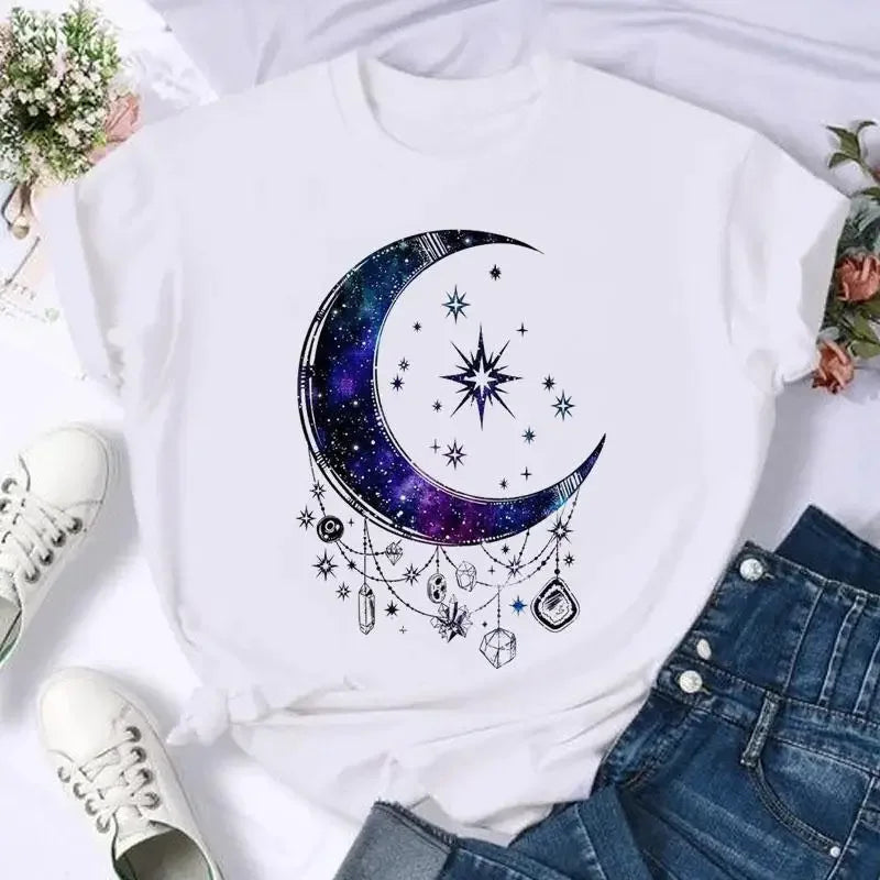 Women's Moon Print Short Sleeve T-Shirt Casual Cartoon Print Retro T-Shirt Graphic T Shirts Women Clothing Summer Streetwear Y2K