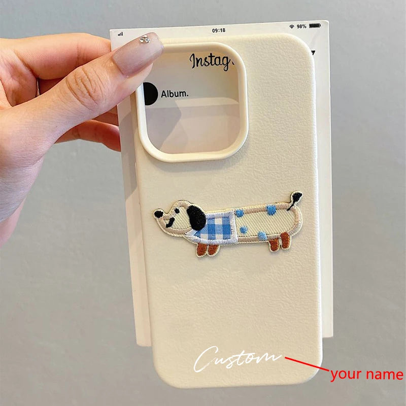 3D Cartoon Embroidery Dog Personalized Custom Name Phone Case For iPhone 16 15 14 13 11 12 Pro Max Plus X XS XR Candy DIY Cover