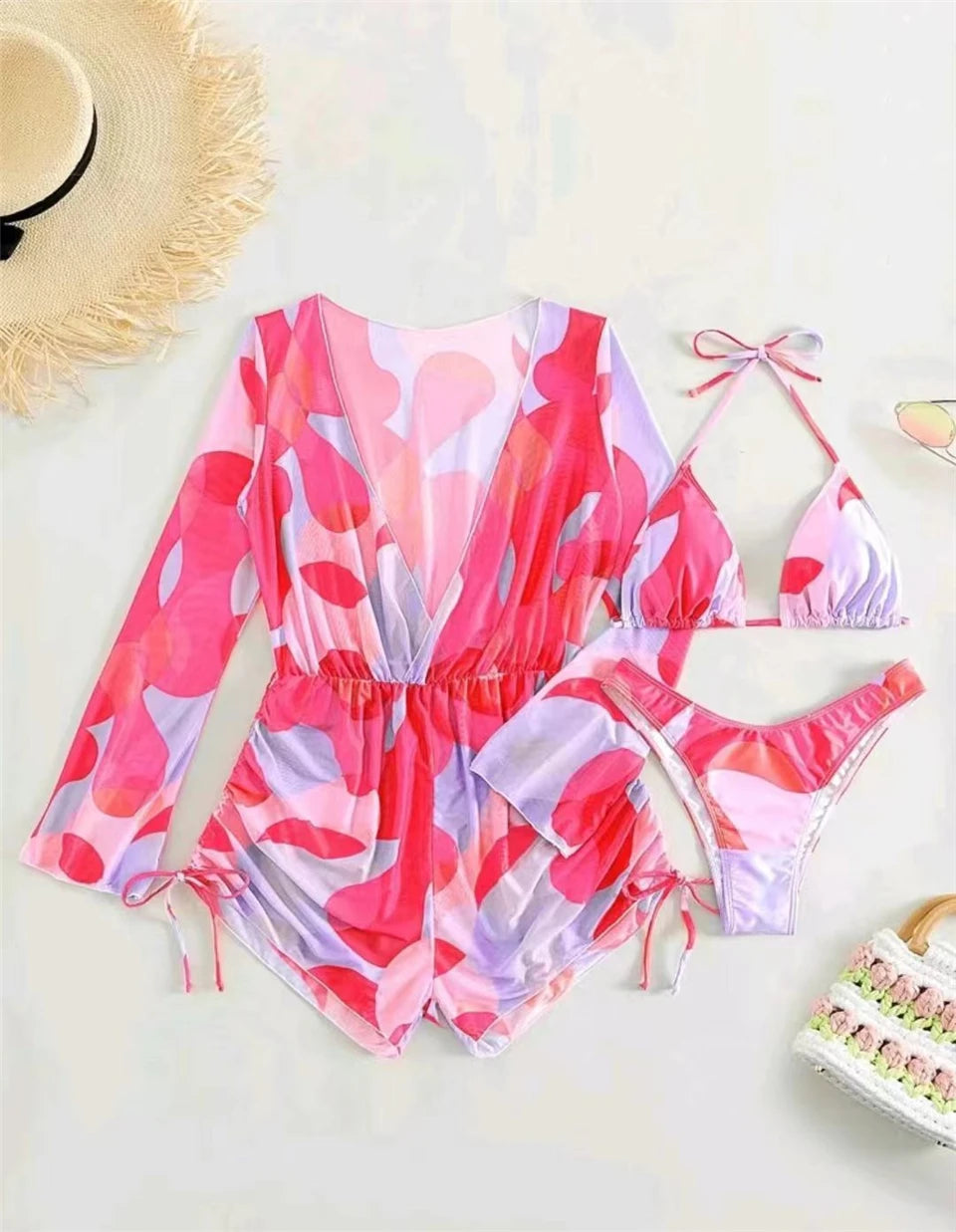 3 pieces Halter Bikini Tropical Print Swimsuit Drawstring Side Swimwear Women Long Sleeve Bathing Suit Female Swimming Beachwear