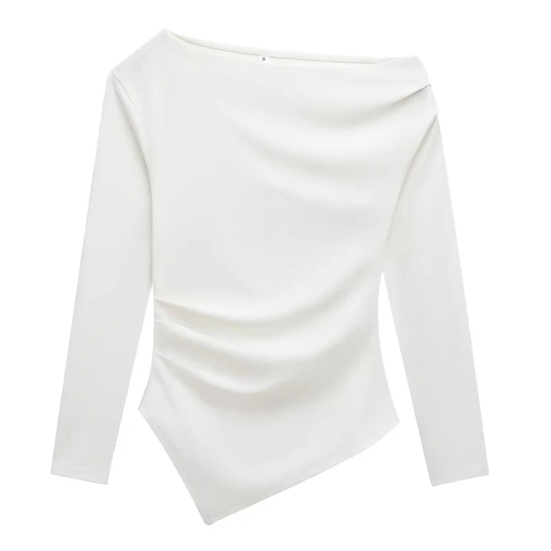 HXAO Womens Tops Off Shoulder Cropped Asymmetrical Top Spring 2025 Woman Ruffled Plain T-Shirts Long Sleeve Top Women's Blouses