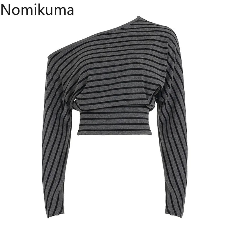 Korean Tees Striped Women Tshirts Long Sleeve Loose Camisetas 2025 Ropa Mujer Sexy Y2k Tops Off Shoulder Fashion Summer T-shirt