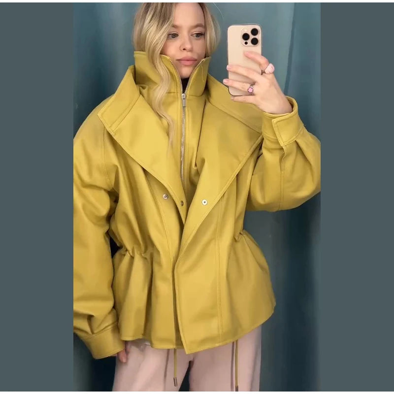 Fashion Brown Slim Waist Leather Jacket Women Loose Lapel Long Sleeve One Button Zipper Jackets 2026 Spring Street Lady Outwear