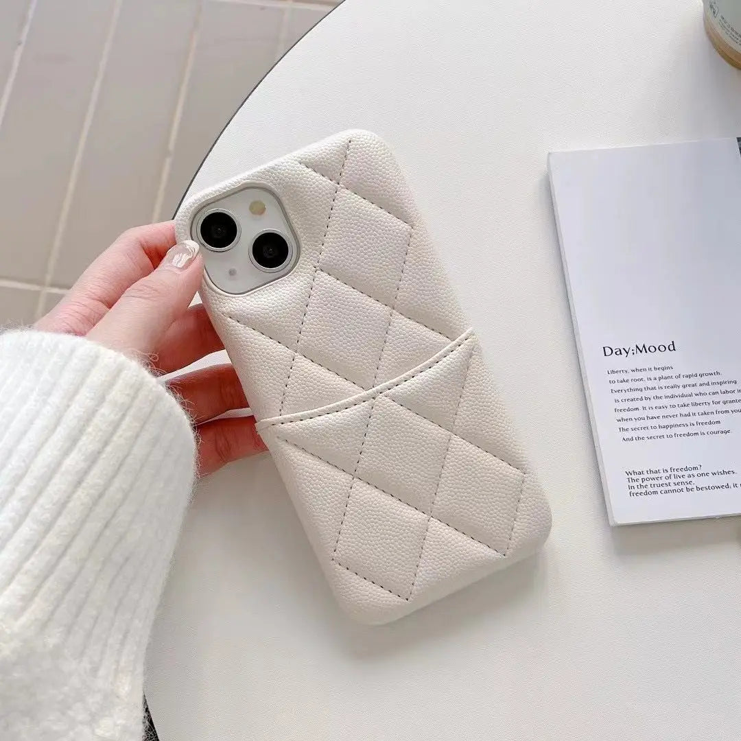 Luxury Lychee Texture Leather Card Bag Solid Color Wallet Phone Case for iPhone 17 16 15 14 Pro Max Black White PU Hard Cover