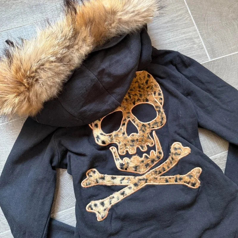Y2K Harajuku New Fashion Skull Embroidery Plus Velvet Padded Casual Joker Vintage Popular Hip Hop Couples Fur Collar Coat Tops