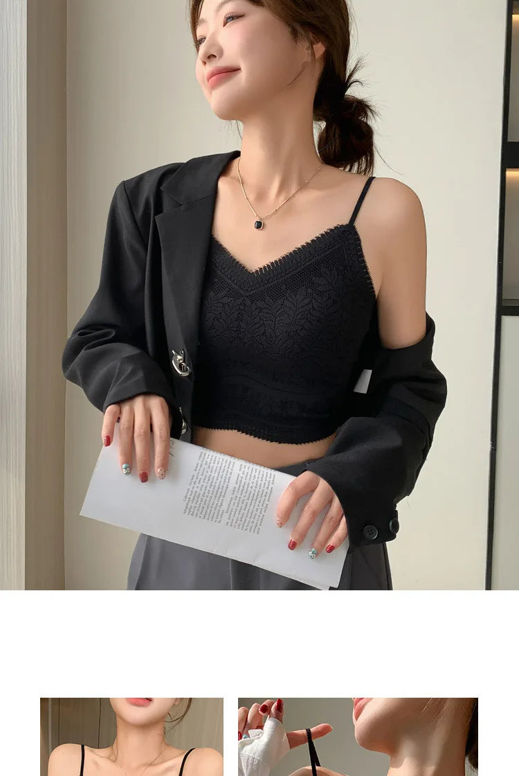 The New Women's Lace Vest with Seamless Small Halter Wrap Chest Seamless Underwear One Cup Anti-slip Bra Y2k Top Tank Top Halter
