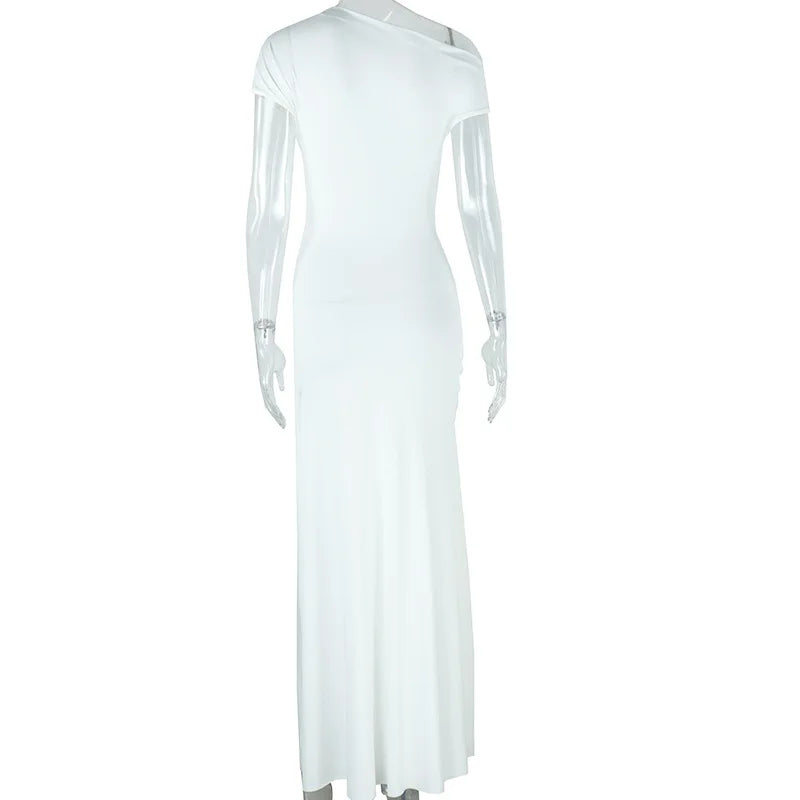 Leosoxs Elegant White Maxi Dresses for Women Irregular Short Sleeve High Split Pleated Bodycon Dress Female Party Evening Robe