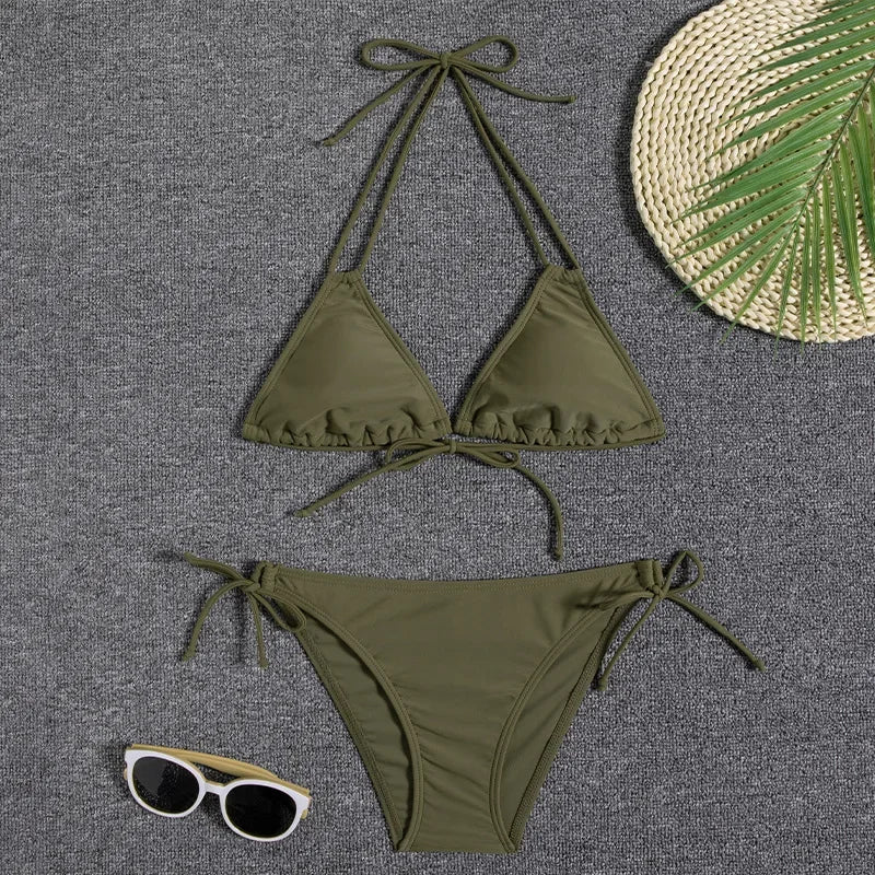 Leaves Print Swimsuit for Women,low Waist Drawstring Bikini,2-piece Swimwear,V-neck Susupender Backless Bathing Suit,beachwear